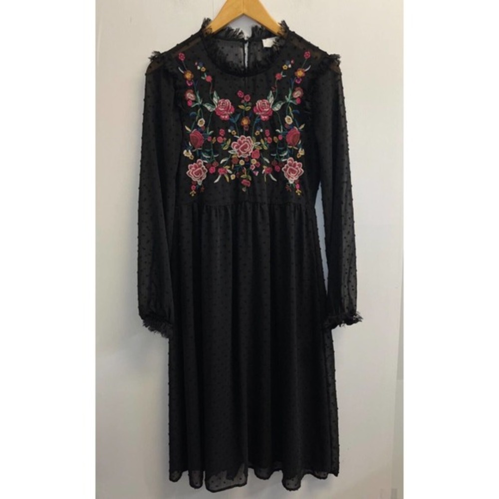 Braeve Women’s XS Embroidered‎ Sheer Swiss dot Midi Dress Black Floral Ruffle